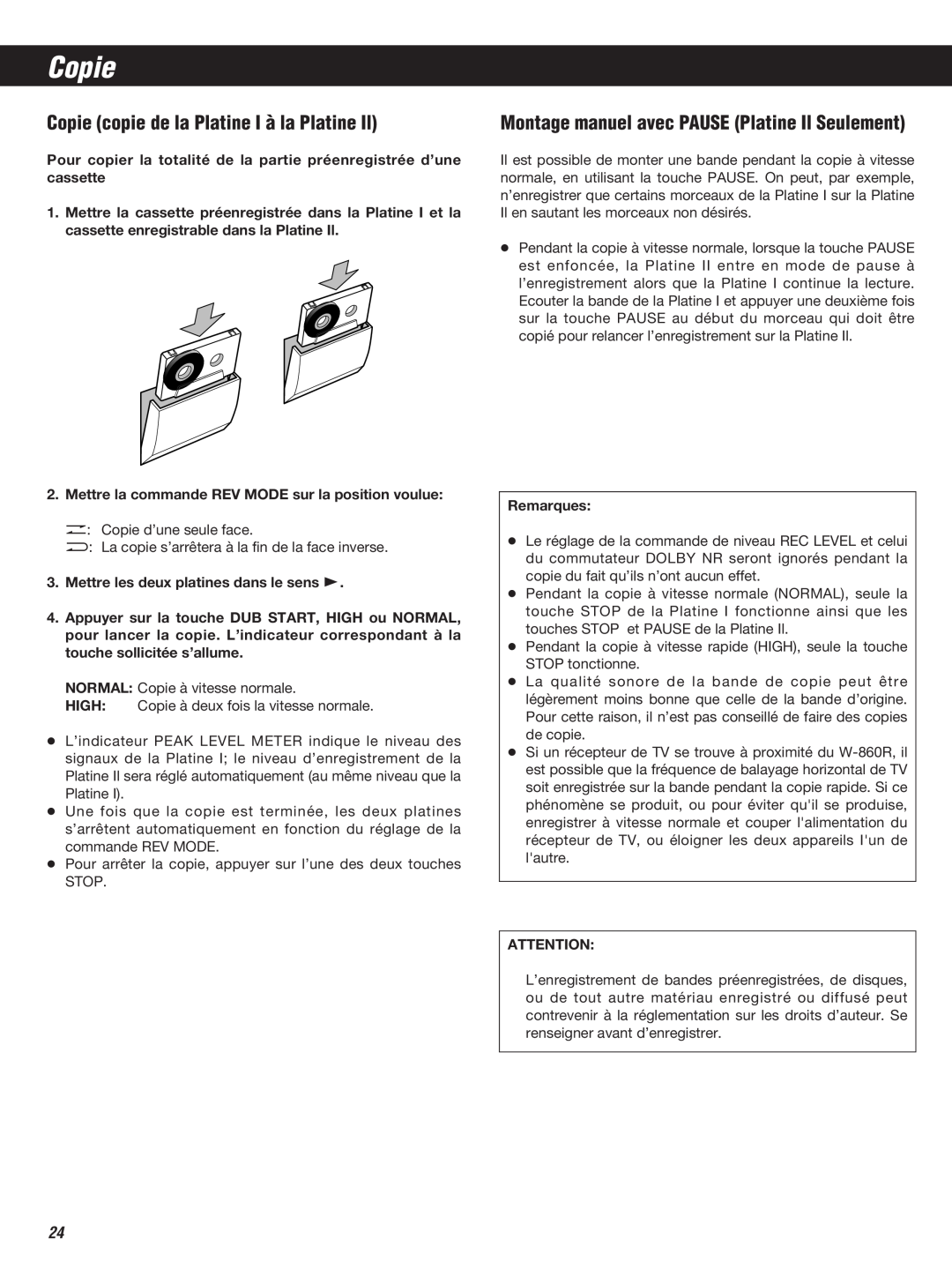 Teac W-860R owner manual Copie copie de la Platine I à la Platine Il, Montage manuel avec PAUSE Platine Il Seulement 