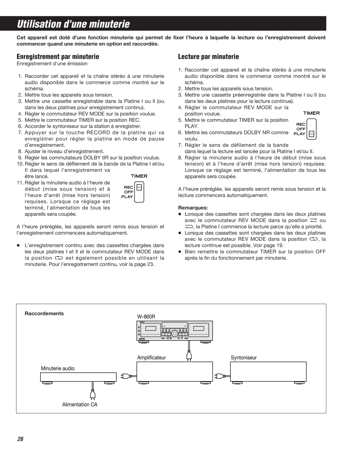 Teac W-860R owner manual Utilisation dune minuterie, Enregistrement par minuterie, Lecture par minuterie 