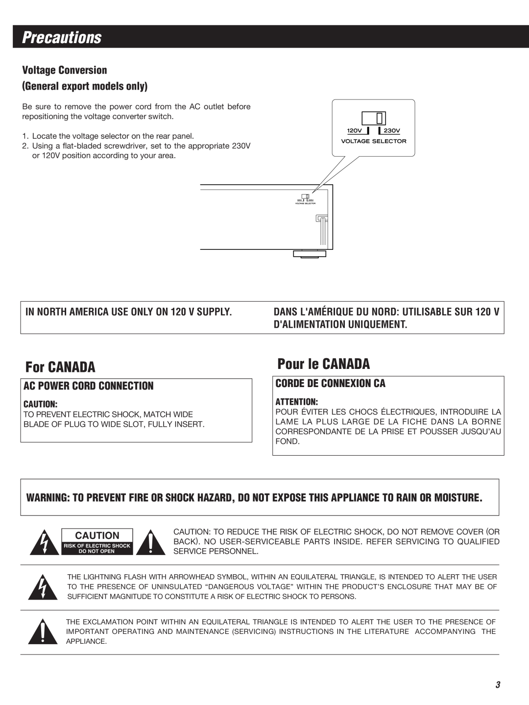 Teac W-860R Precautions, For CANADA, Pour le CANADA, Voltage Conversion General export models only, Corde De Connexion Ca 