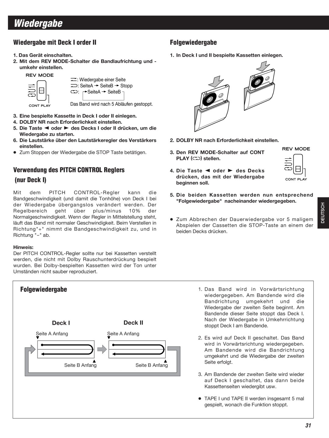 Teac W-860R owner manual Wiedergabe mit Deck I order, Verwendung des PITCH CONTROL Reglers nur Deck, Folgewiedergabe 