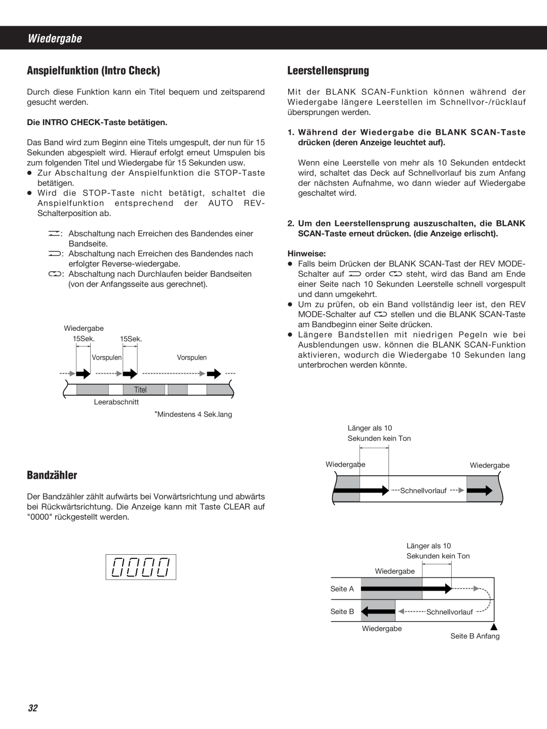 Teac W-860R owner manual Wiedergabe, Anspielfunktion Intro Check, Bandzähler, Leerstellensprung 