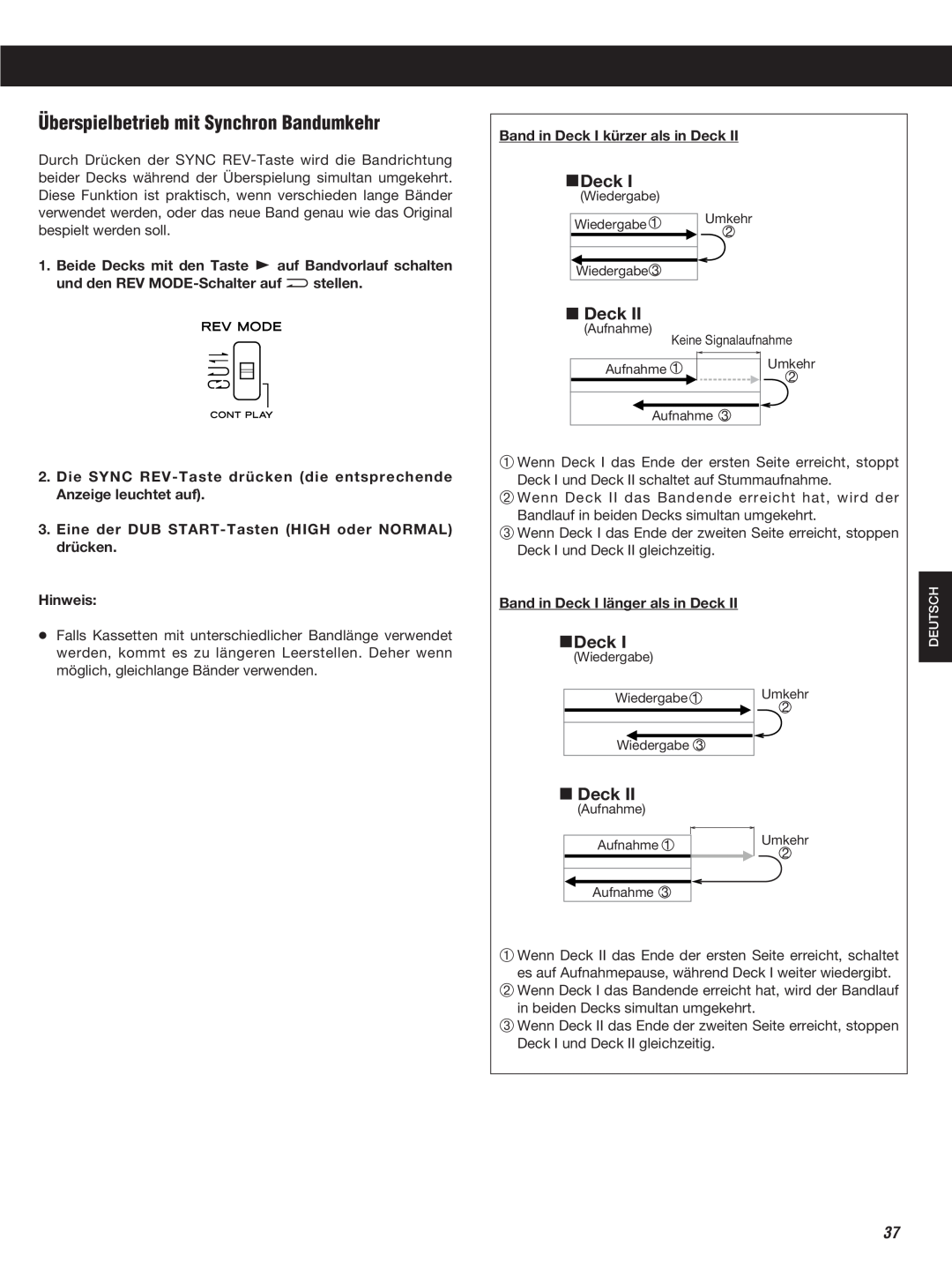 Teac W-860R owner manual Überspielbetrieb mit Synchron Bandumkehr, Deck 