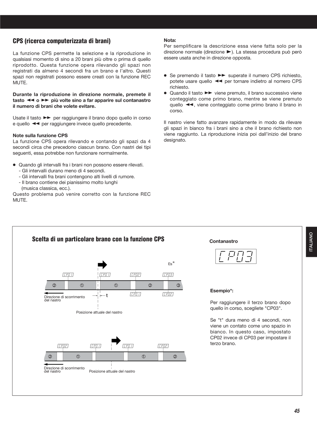 Teac W-860R owner manual CPS ricerca computerizzata di brani, Note sulla funzione CPS, Nota, Contanastro Esempio 
