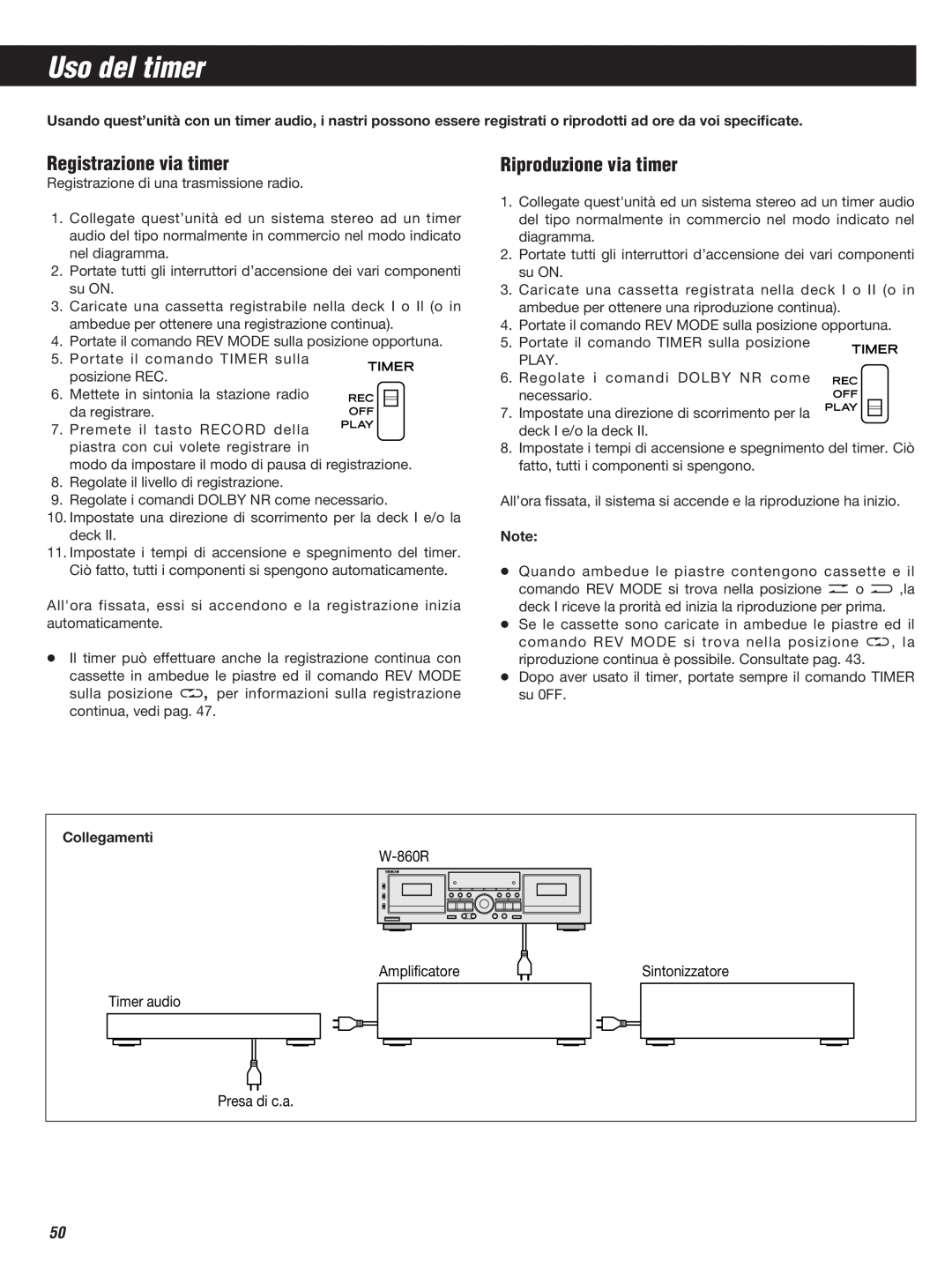 Teac W-860R owner manual Uso del timer, Registrazione via timer, Riproduzione via timer 