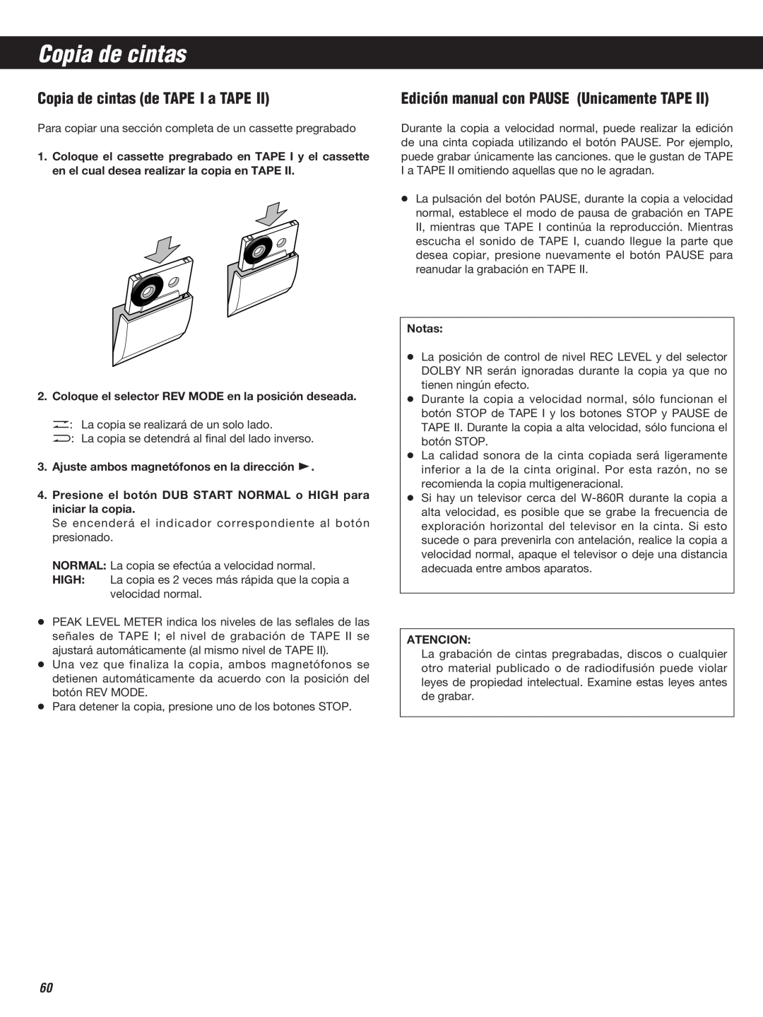 Teac W-860R owner manual Copia de cintas de TAPE I a TAPE, Edición manual con PAUSE Unicamente TAPE 