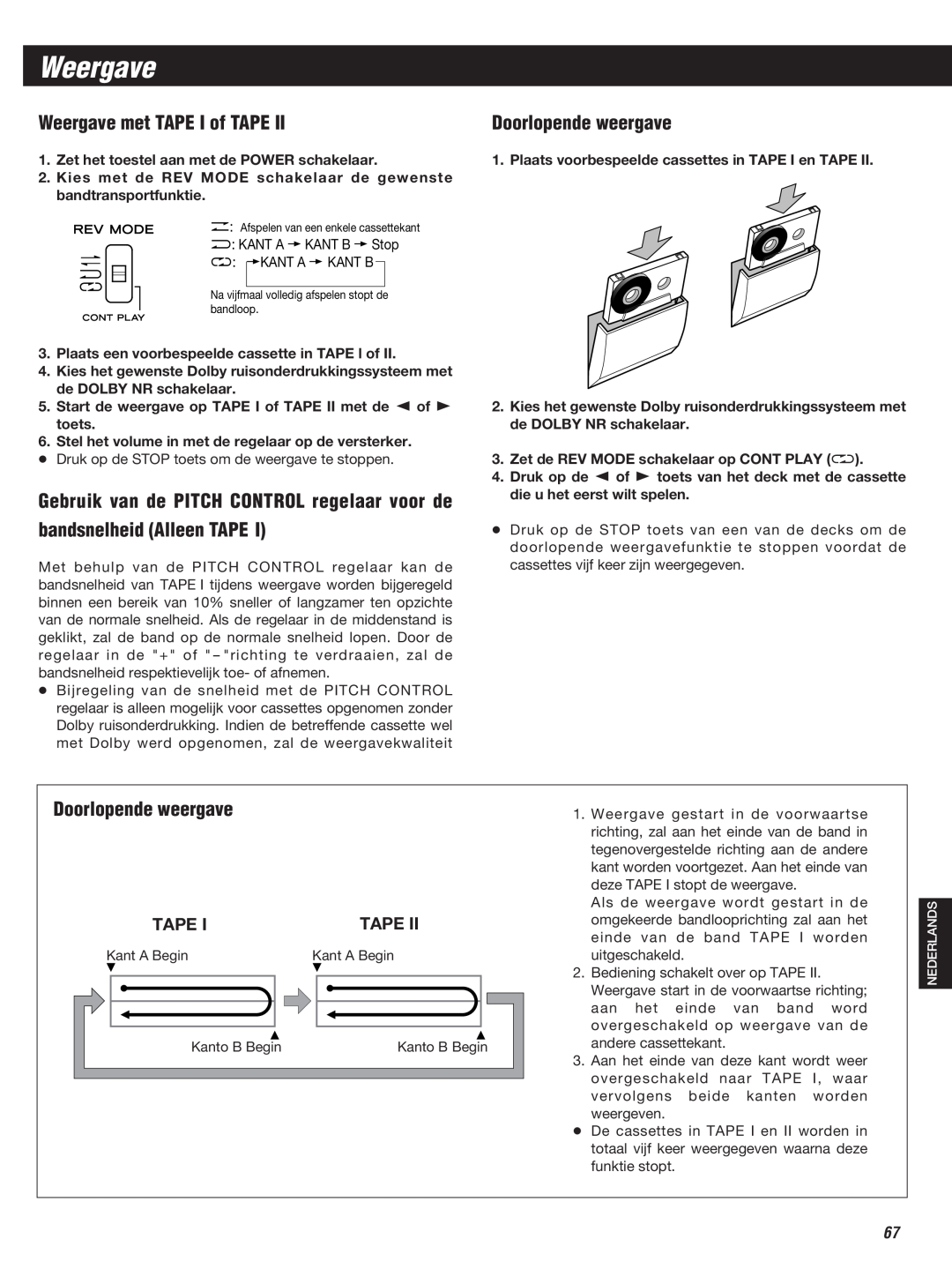 Teac W-860R owner manual Weergave met TAPE I of TAPE, bandsnelheid Alleen TAPE, Doorlopende weergave, Tape 
