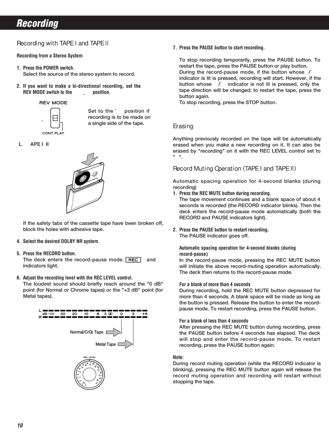 Teac W-860R owner manual Recording with Tape I and Tape ll, Erasing, Record Muting Operation Tape I and Tape Il 