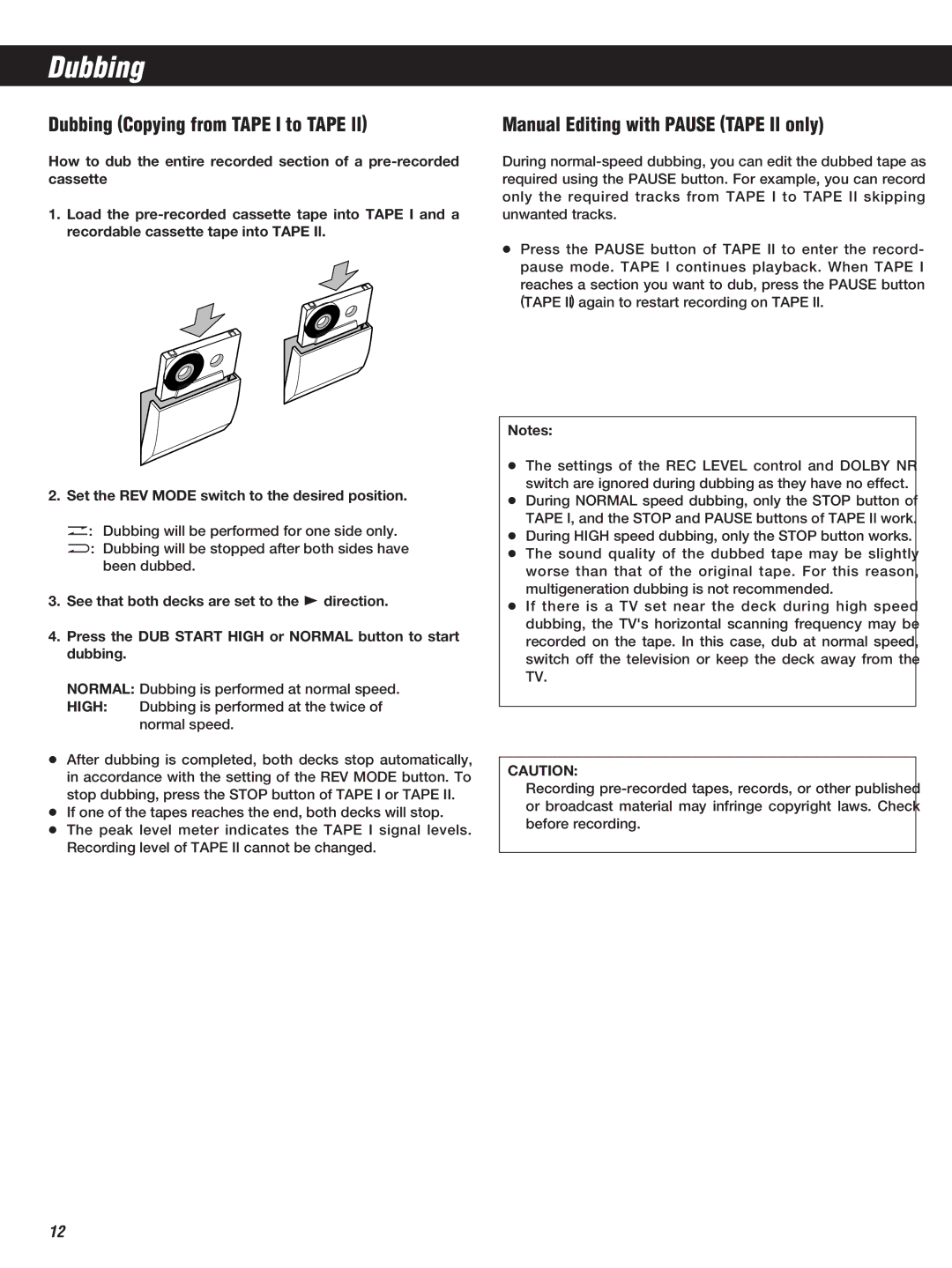 Teac W-860R owner manual Dubbing Copying from Tape I to Tape ll, Manual Editing with Pause Tape Il only 