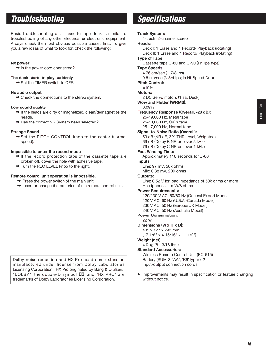 Teac W-860R owner manual Troubleshooting, Specifications 