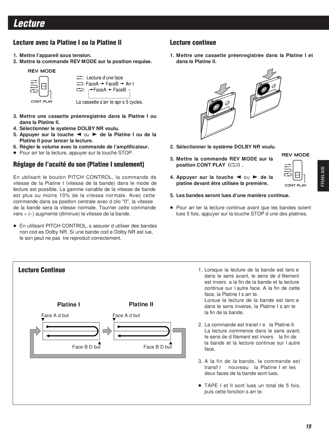 Teac W-860R owner manual Lecture avec la Platine I ou la Platine Il, Réglage de lacuité du son Platine I seulement 