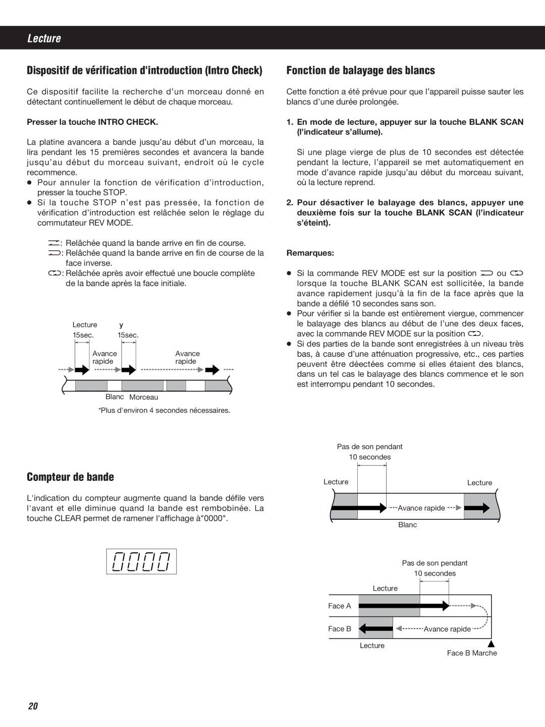 Teac W-860R owner manual Compteur de bande, Fonction de balayage des blancs, Presser la touche Intro Check 