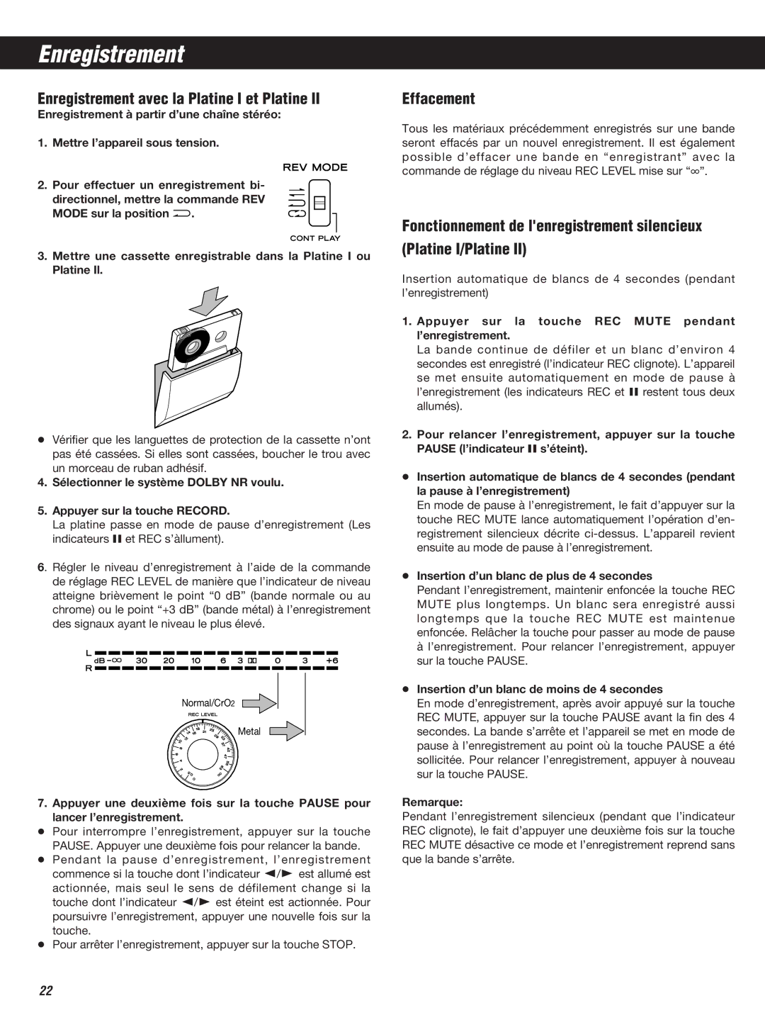 Teac W-860R owner manual Enregistrement avec la Platine I et Platine, Effacement 