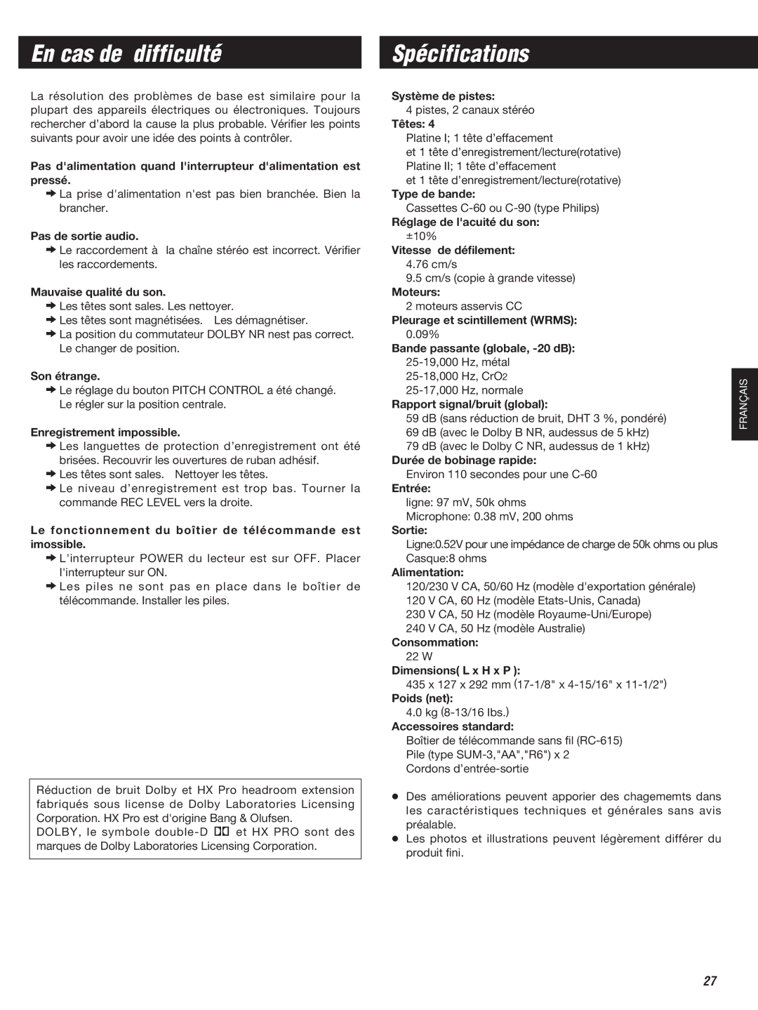 Teac W-860R owner manual En cas de difficulté, Spécifications 