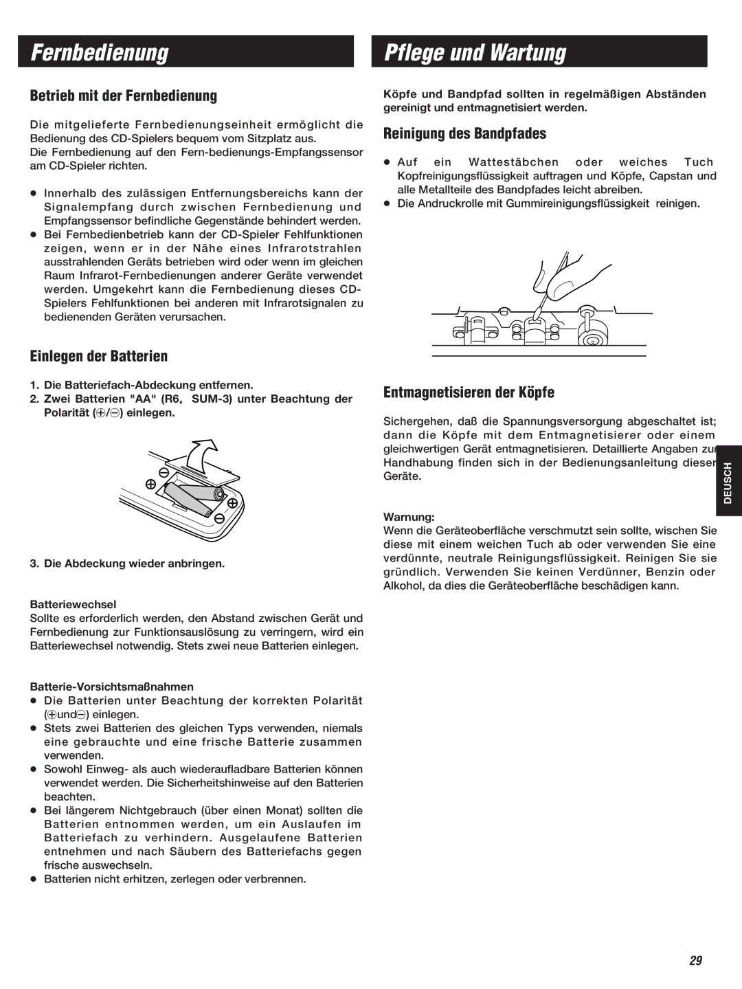 Teac W-860R owner manual Fernbedienung, Pflege und Wartung 