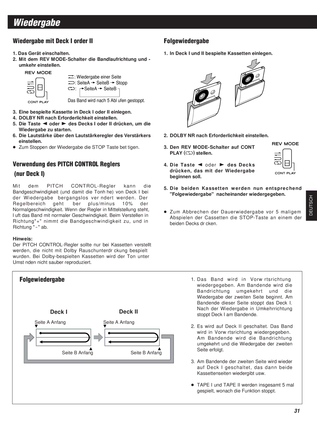 Teac W-860R Wiedergabe mit Deck I order, Verwendung des Pitch Control Reglers Nur Deck, Folgewiedergabe, Hinweis 