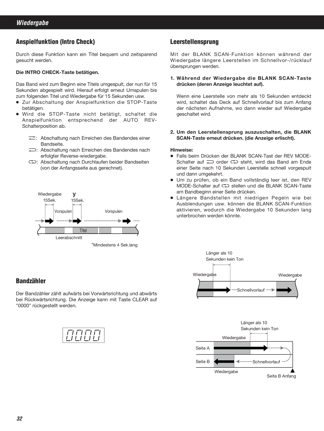 Teac W-860R owner manual Anspielfunktion Intro Check, Bandzähler, Leerstellensprung, Die Intro CHECK-Taste betätigen 