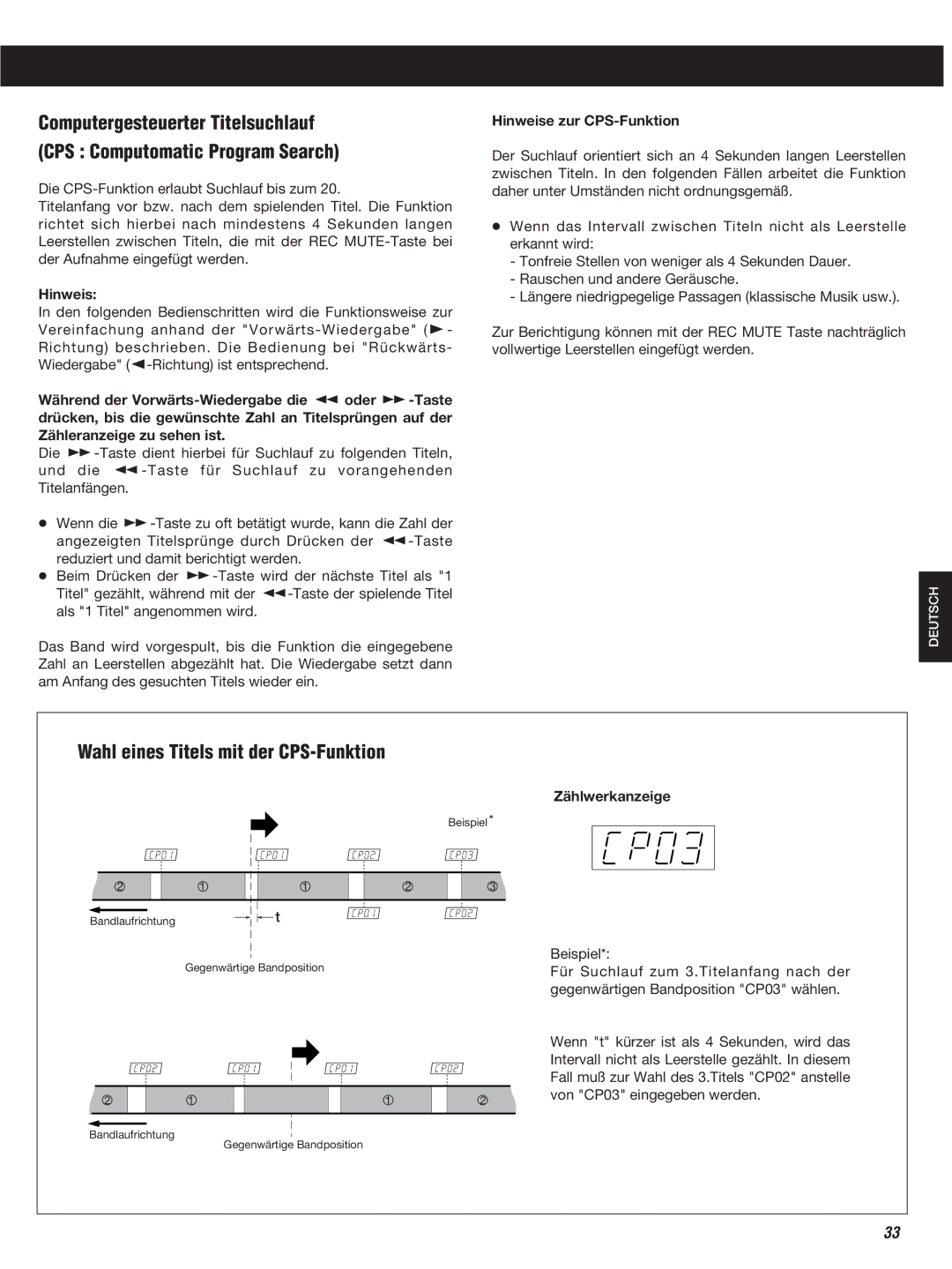 Teac W-860R owner manual Wahl eines Titels mit der CPS-Funktion, Hinweise zur CPS-Funktion, Zählwerkanzeige 