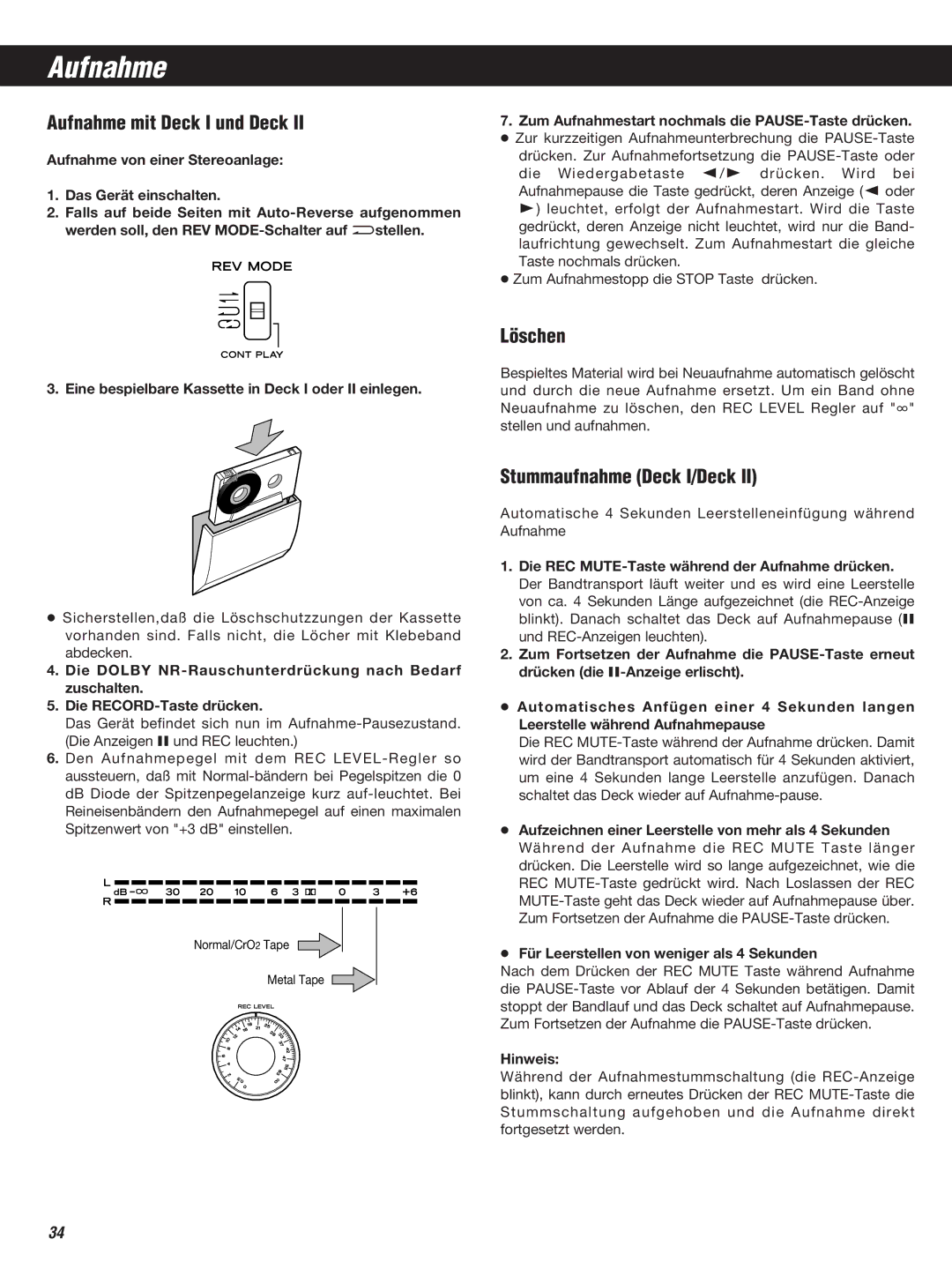 Teac W-860R owner manual Aufnahme mit Deck I und Deck, Löschen, Stummaufnahme Deck I/Deck 