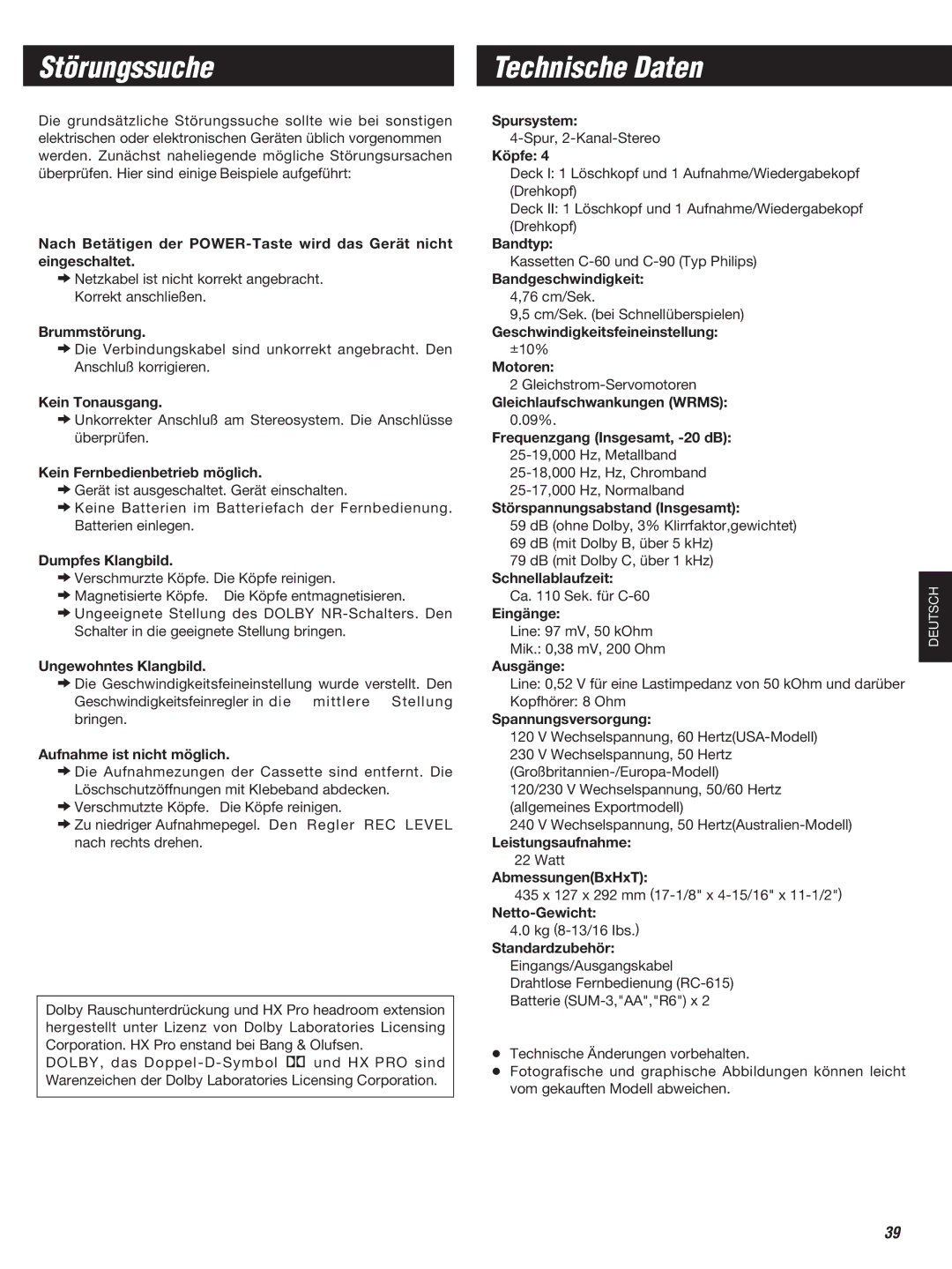 Teac W-860R owner manual Störungssuche, Technische Daten 