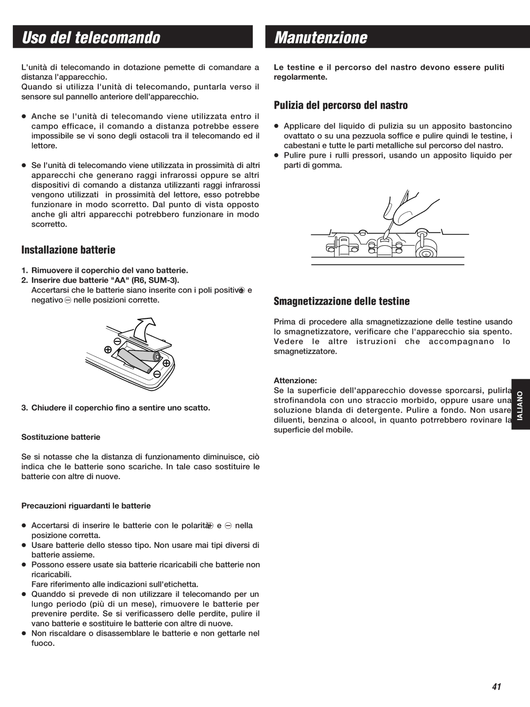 Teac W-860R owner manual Uso del telecomando, Manutenzione, Pulizia del percorso del nastro, Installazione batterie 