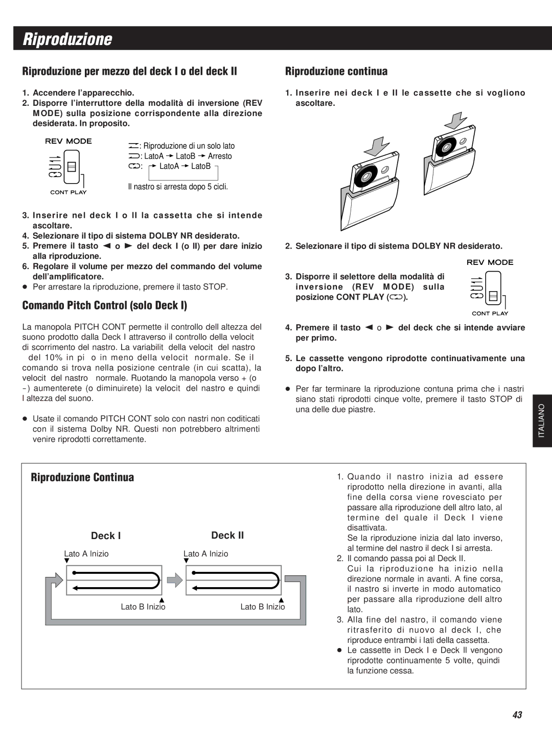 Teac W-860R Riproduzione per mezzo del deck I o del deck Il, Comando Pitch Control solo Deck, Riproduzione continua 