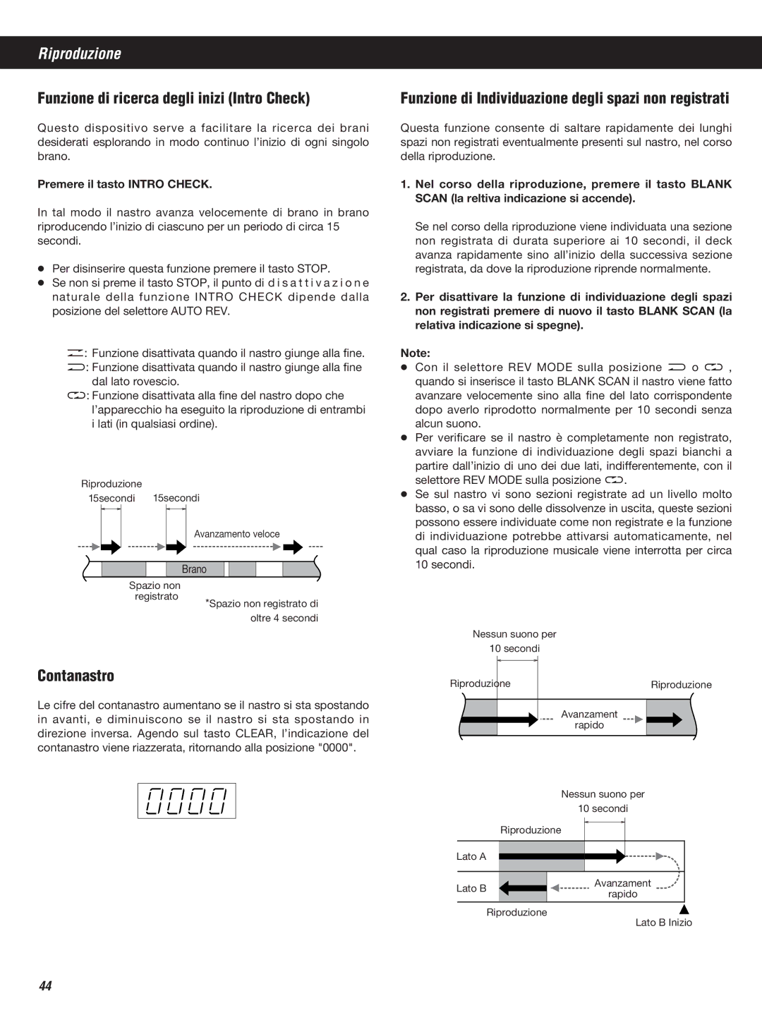 Teac W-860R owner manual Funzione di ricerca degli inizi Intro Check, Contanastro, Premere il tasto Intro Check 