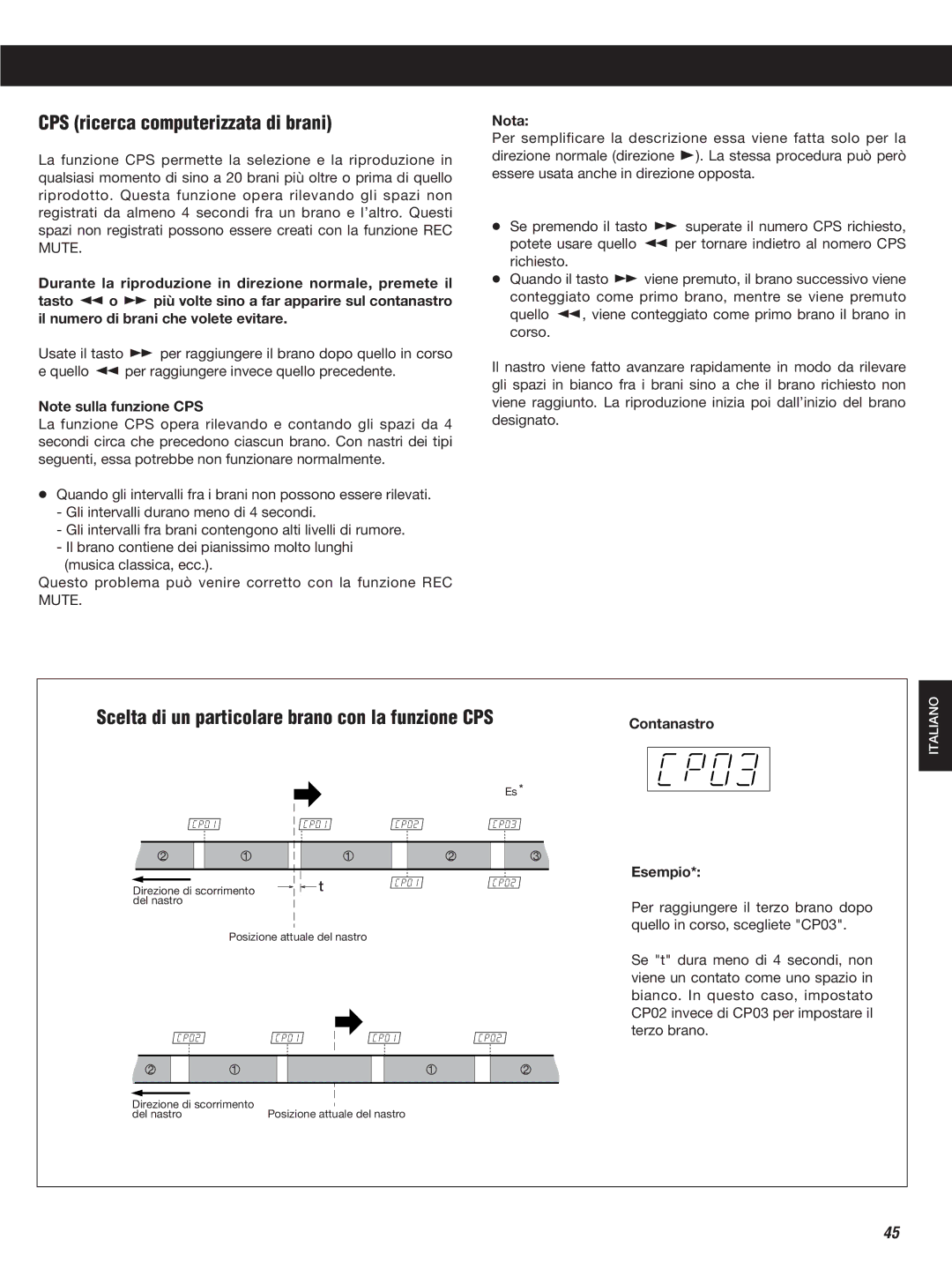 Teac W-860R owner manual CPS ricerca computerizzata di brani, Scelta di un particolare brano con la funzione CPS, Nota 