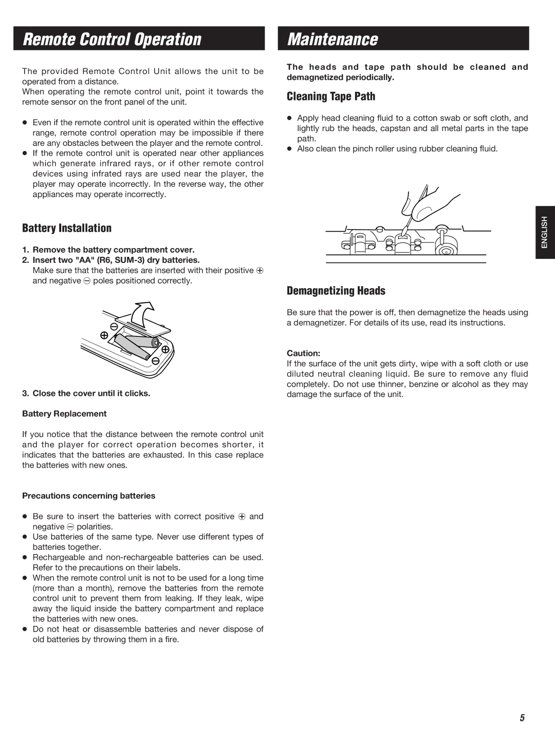 Teac W-860R Remote Control Operation, Maintenance, Battery Installation, Cleaning Tape Path, Demagnetizing Heads 