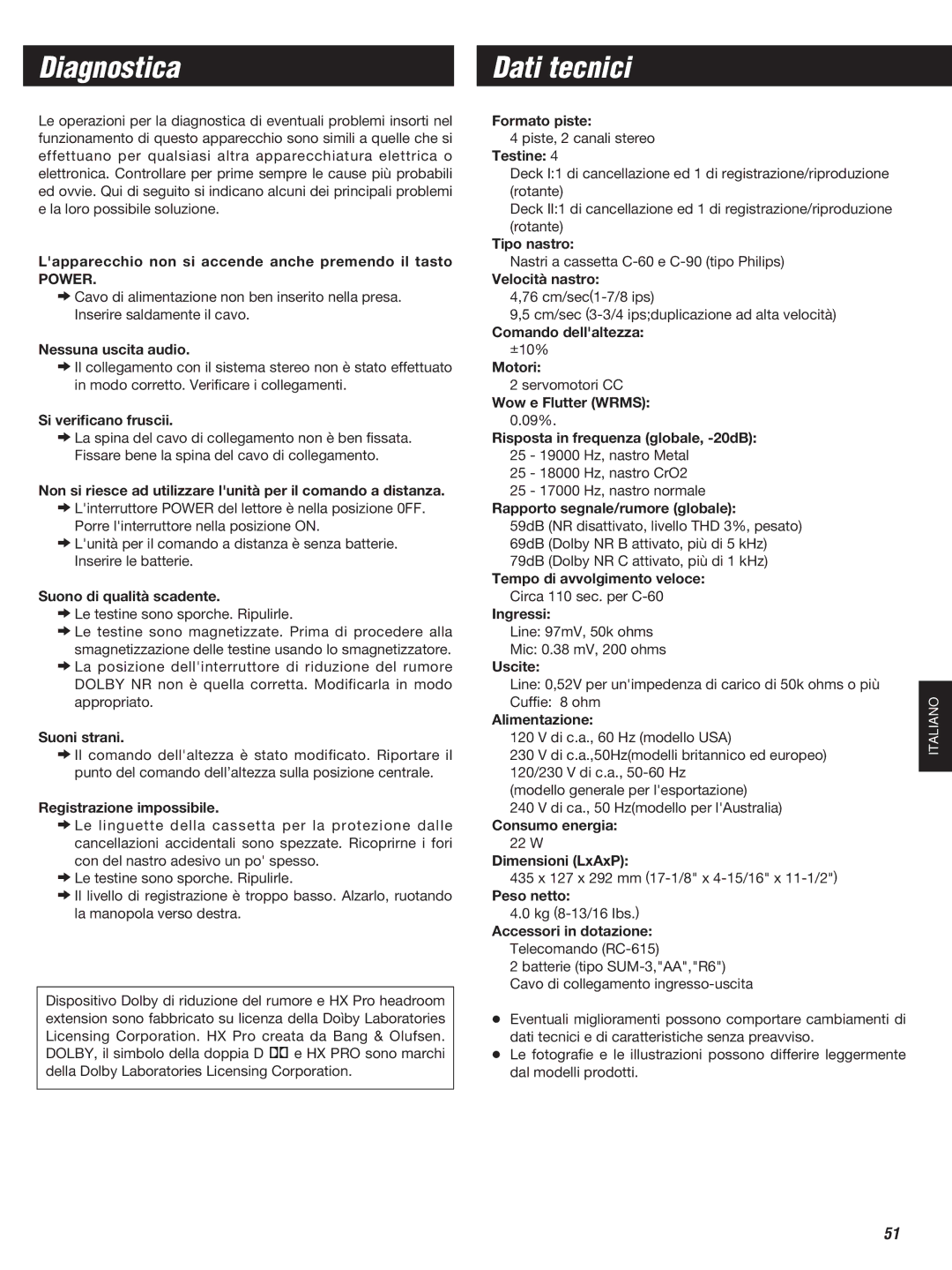 Teac W-860R owner manual Diagnostica, Dati tecnici, Power 