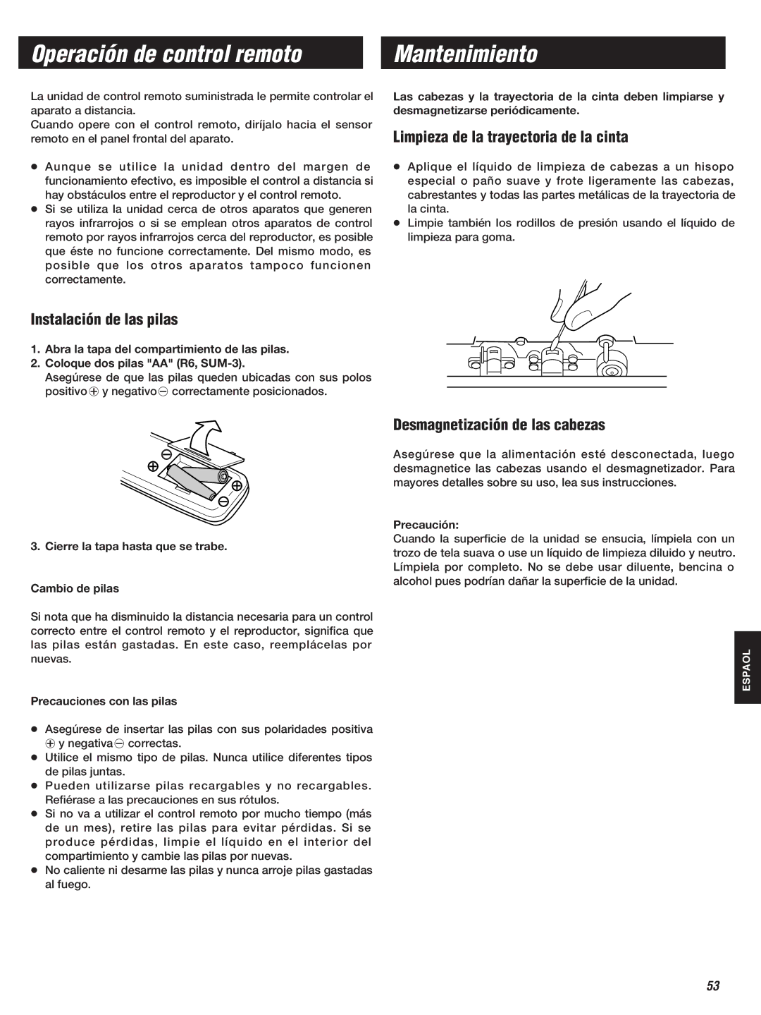 Teac W-860R Operación de control remoto, Mantenimiento, Instalación de las pilas, Limpieza de la trayectoria de la cinta 