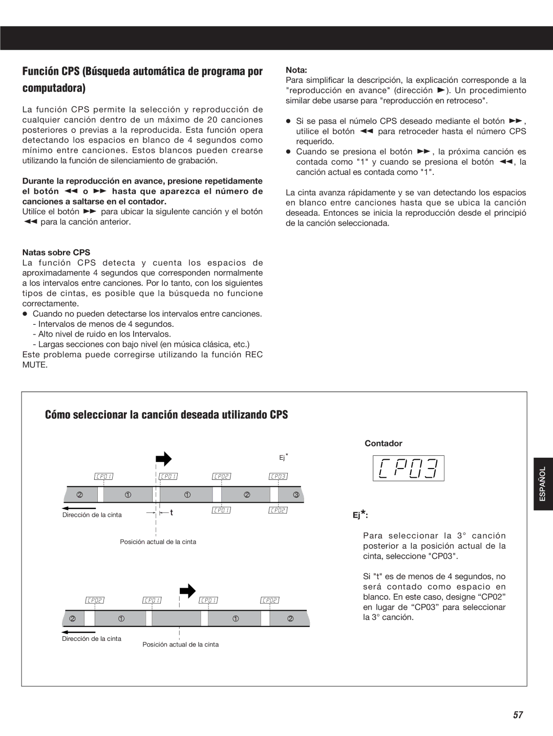 Teac W-860R owner manual Computadora, Cómo seleccionar la canción deseada utilizando CPS, Natas sobre CPS, Contador 