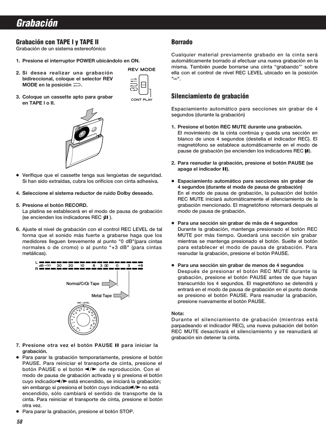 Teac W-860R owner manual Grabación con Tape I y Tape, Borrado, Silenciamiento de grabación 