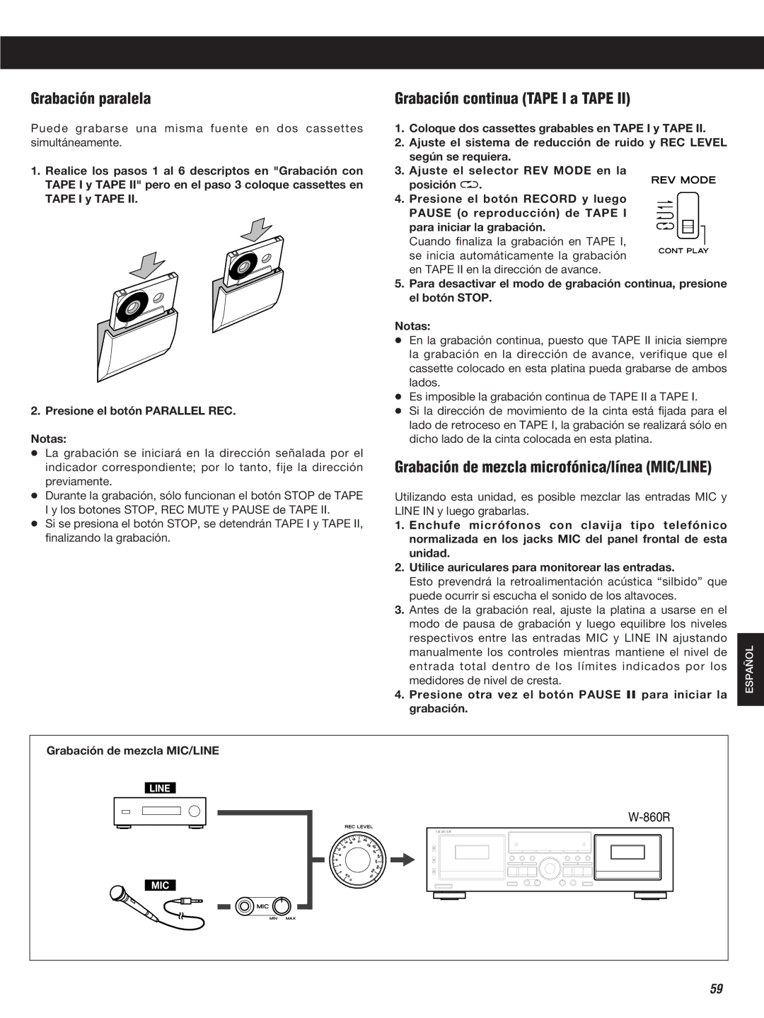 Teac W-860R owner manual Grabación paralela, Grabación continua Tape I a Tape, Grabación de mezcla MIC/LINE 