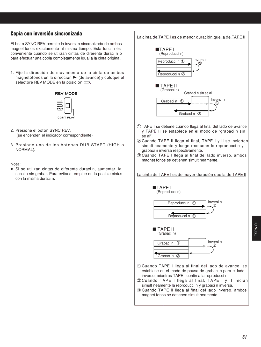 Teac W-860R owner manual Copia con inversión sincronizada, Presione uno de los botones DUB Start High o Normal Nota 