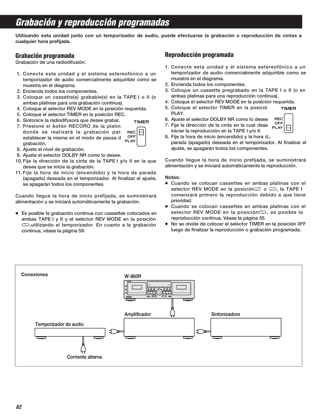 Teac W-860R owner manual Grabación y reproducción programadas, Grabación programada, Reproducción programada, Conexiones 