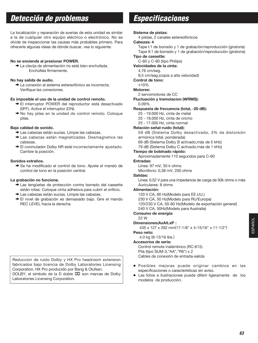 Teac W-860R owner manual Detección de problemas, Especificaciones 