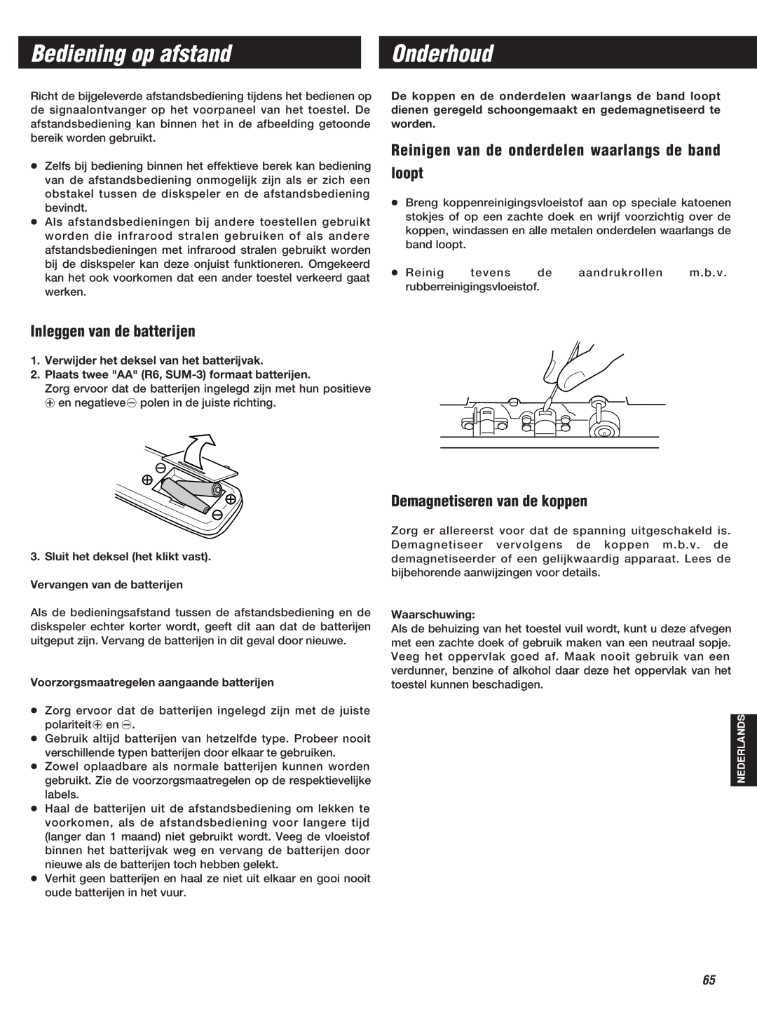 Teac W-860R owner manual Bediening op afstand, Onderhoud, Reinigen van de onderdelen waarlangs de band Loopt 