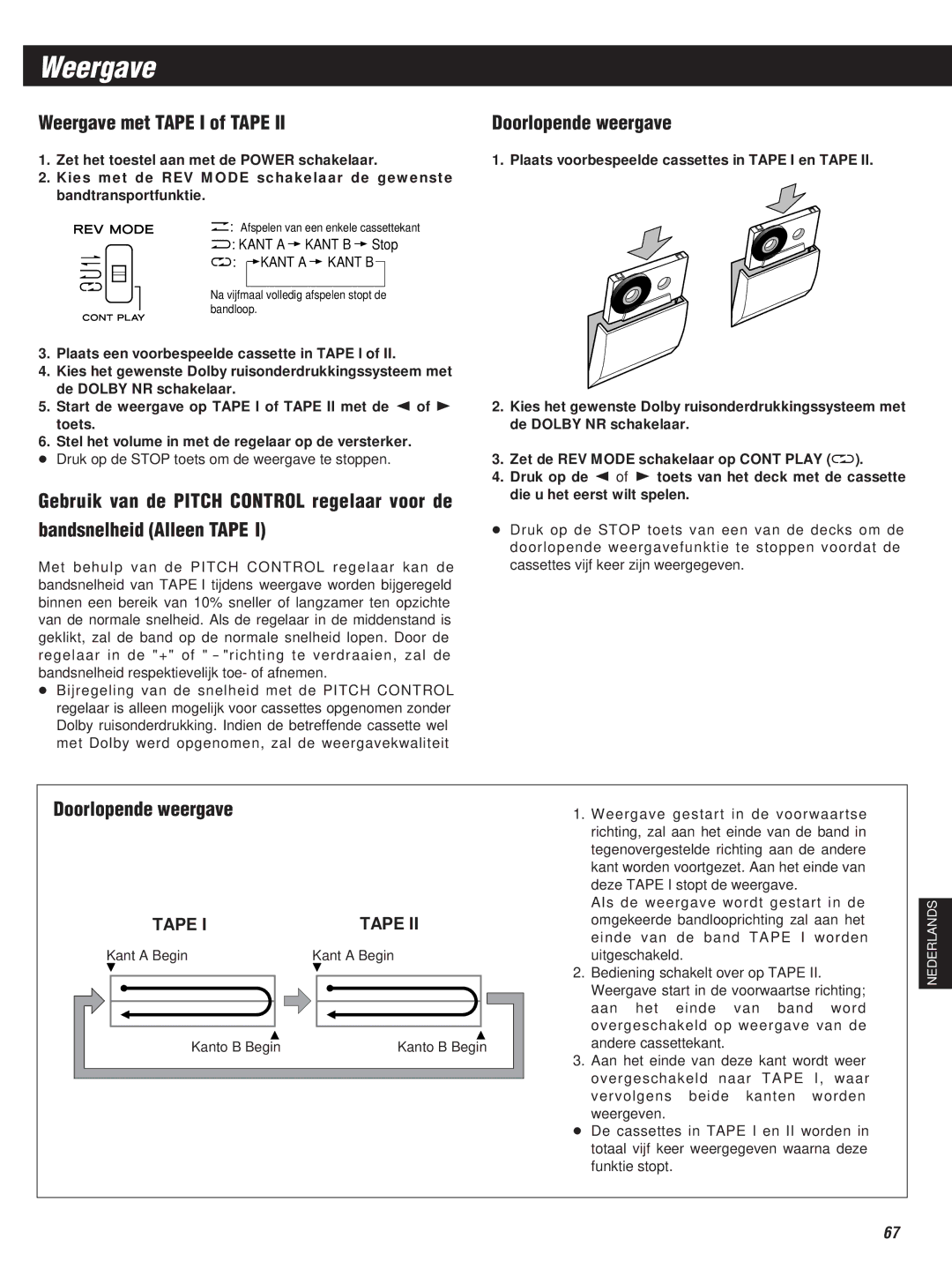 Teac W-860R owner manual Weergave met Tape I of Tape, Bandsnelheid Alleen Tape, Doorlopende weergave 