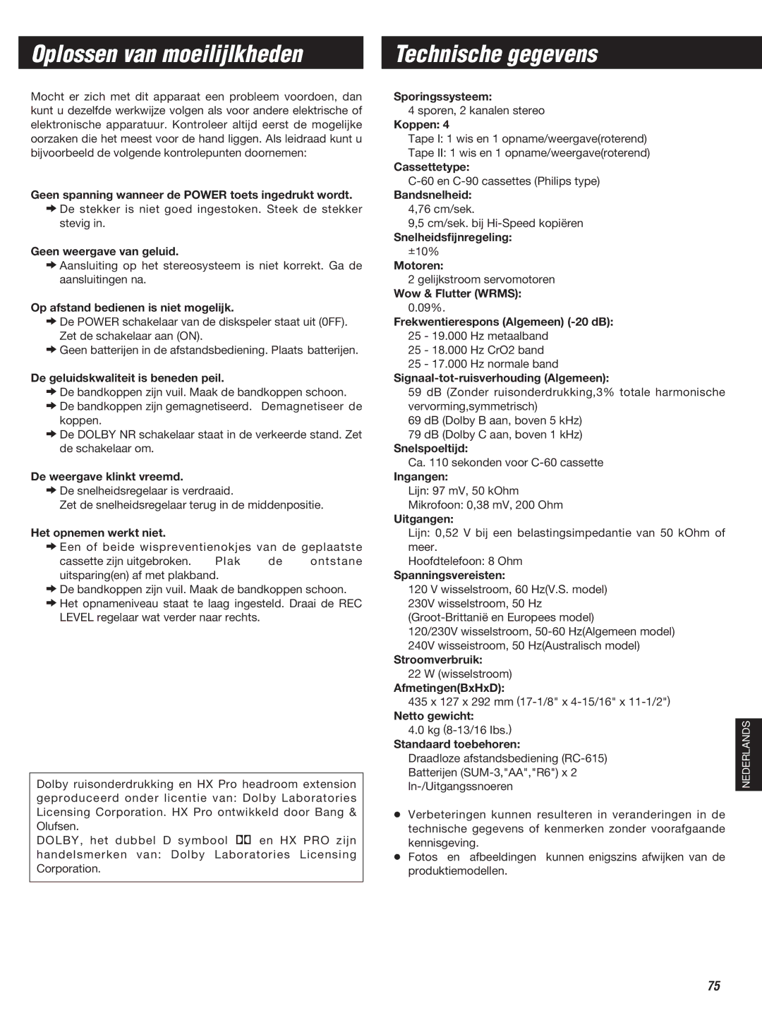 Teac W-860R owner manual Oplossen van moeilijlkheden, Technische gegevens 