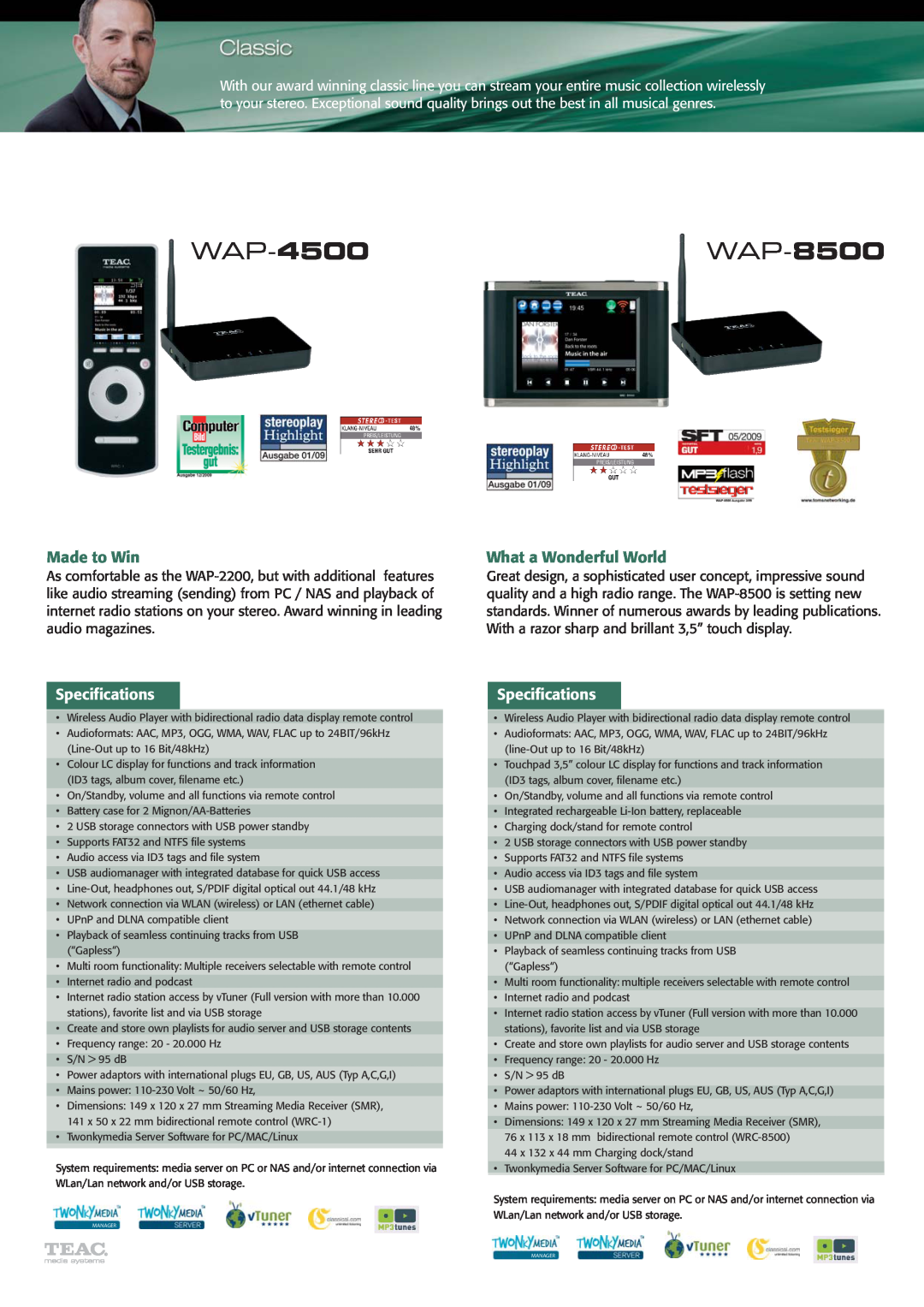 Teac WAP-4500, WAP-2200 manual WAP-8500, Made to Win, What a Wonderful World, Specifications 