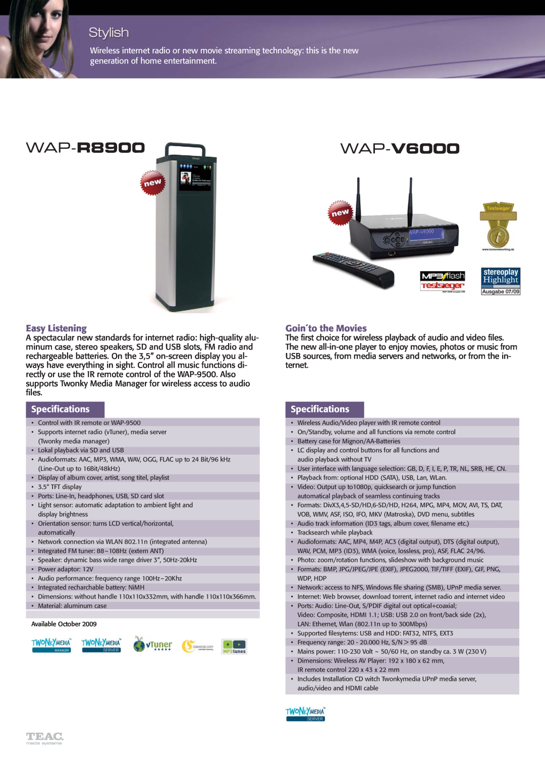 Teac WAP-4500, WAP-2200 manual WAP-R8900WAP-V6000, Easy Listening, Goin´to the Movies, Specifications 