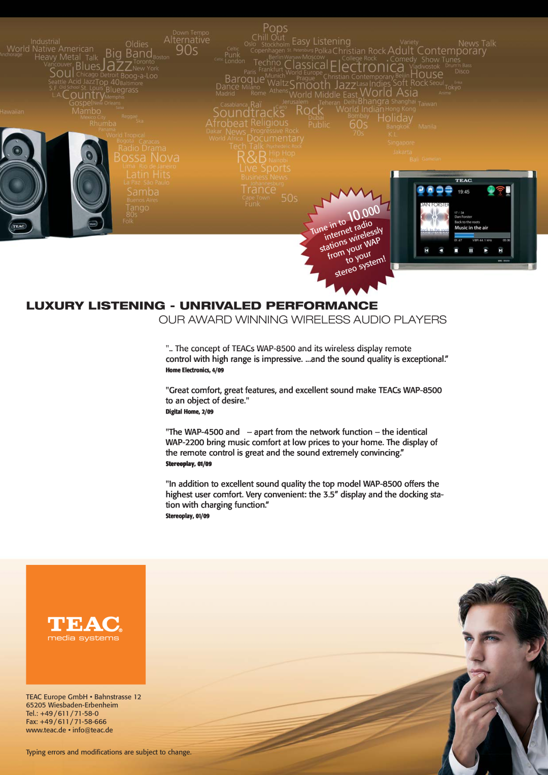 Teac WAP-4500, WAP-2200 manual Luxury Listening - Unrivaled Performance, Our Award Winning Wireless Audio Players 