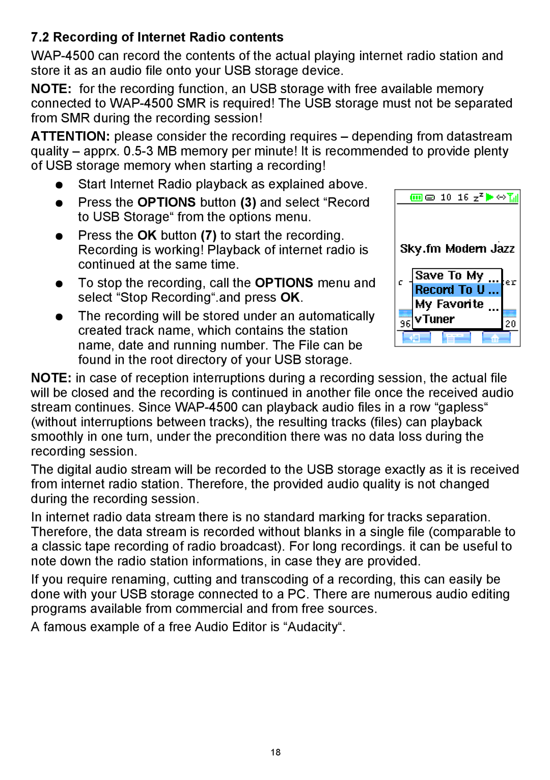 Teac WAP-4500 instruction manual Recording of Internet Radio contents 