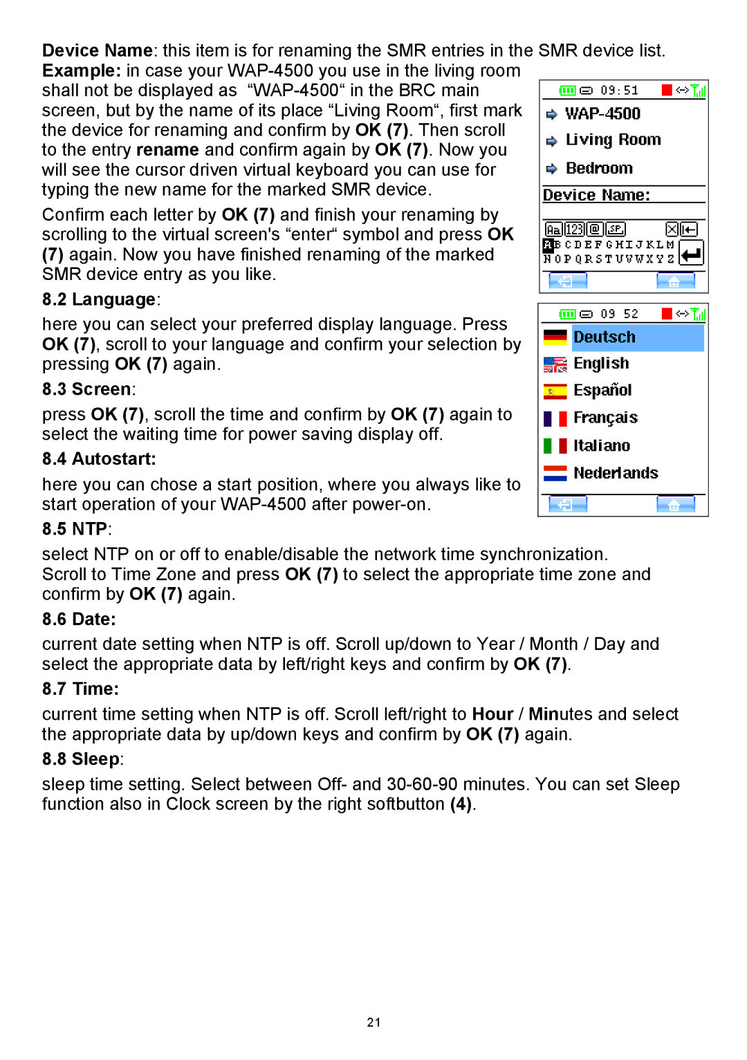 Teac WAP-4500 instruction manual Language, Screen, Autostart, Ntp, Date, Time, Sleep 