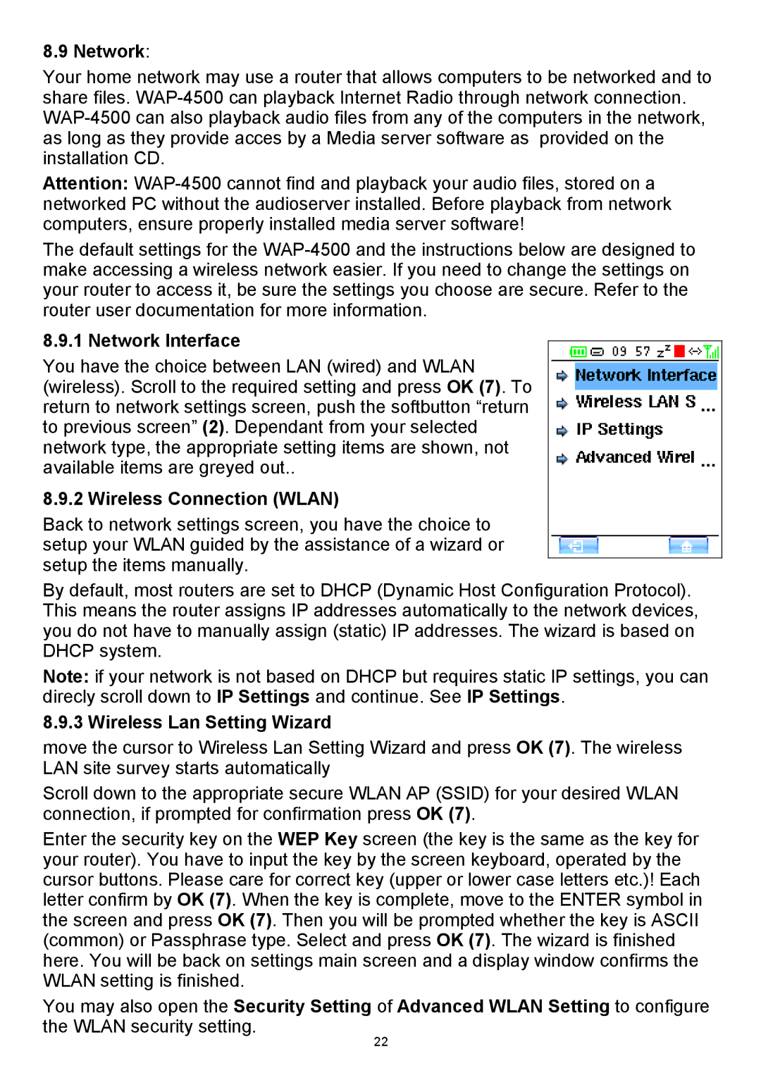 Teac WAP-4500 instruction manual Network Interface, Wireless Connection Wlan, Wireless Lan Setting Wizard 