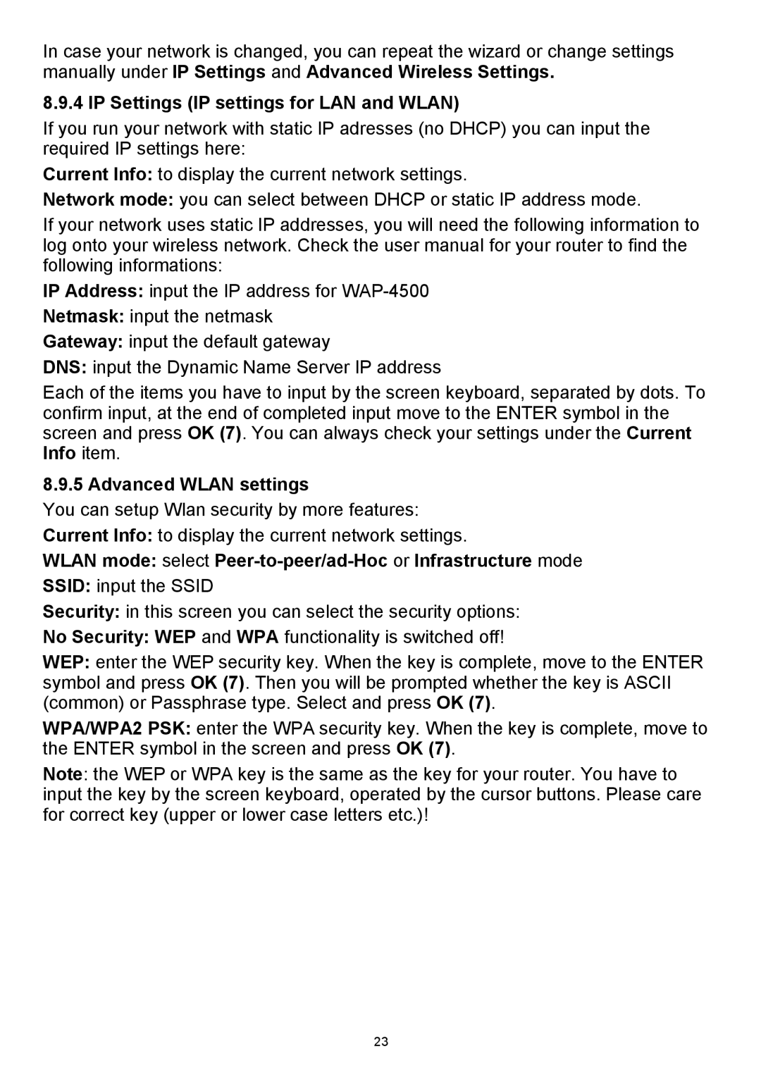 Teac WAP-4500 instruction manual IP Settings IP settings for LAN and Wlan, Advanced Wlan settings 