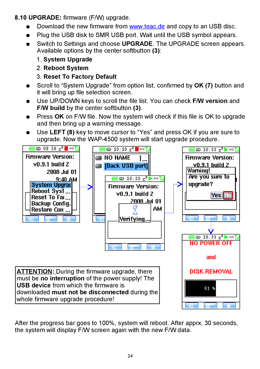 Teac WAP-4500 instruction manual System Upgrade Reboot System Reset To Factory Default 