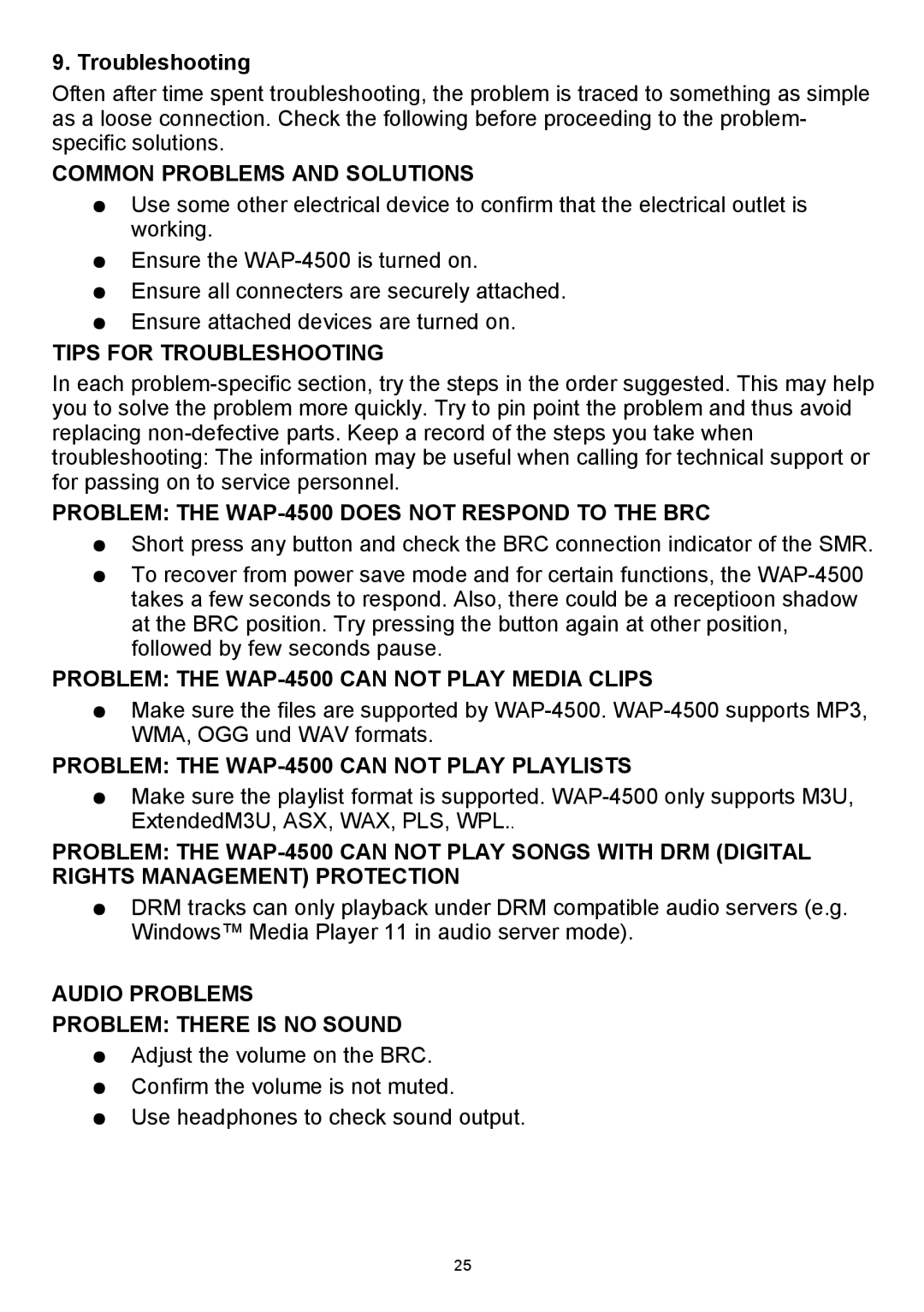 Teac WAP-4500 instruction manual Troubleshooting, Common Problems and Solutions 