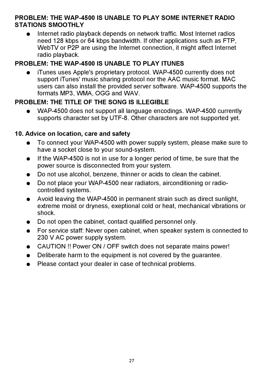 Teac instruction manual Problem the WAP-4500 is Unable to Play Itunes, Advice on location, care and safety 