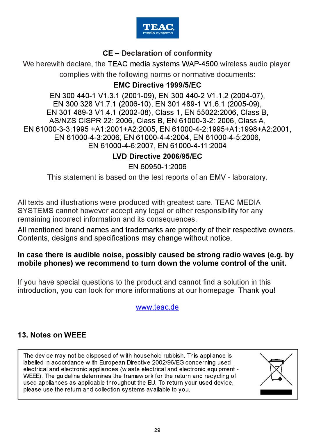 Teac WAP-4500 instruction manual EMC Directive 1999/5/EC, LVD Directive 2006/95/EC 